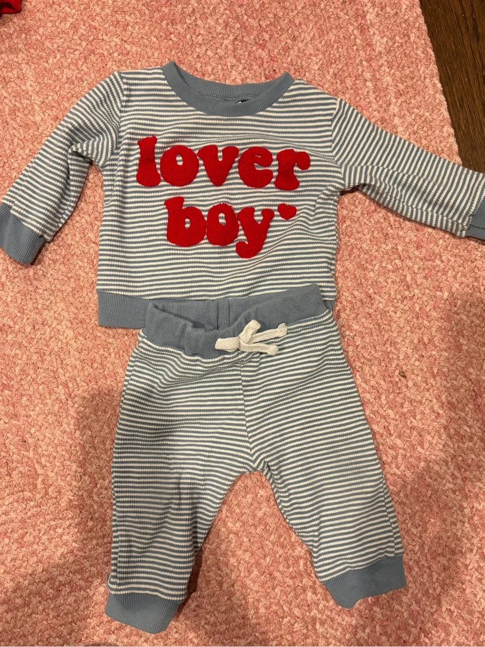 Striped 'lover boy' Knit Set - Blue & White with Red Text